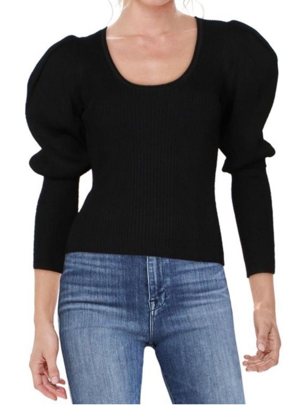 Jonathan Simkhai Mila Black Ribbed Crew Neck Puff Sleeve Sweater XS
